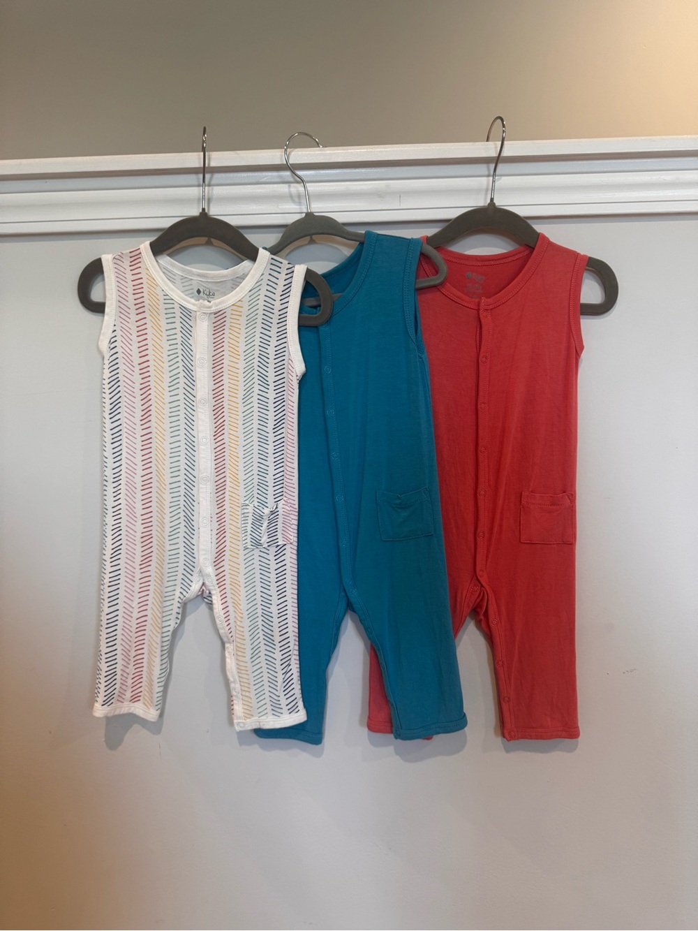 Kyte BABY White Striped, Teal and Red Sleeveless Baby Rompers